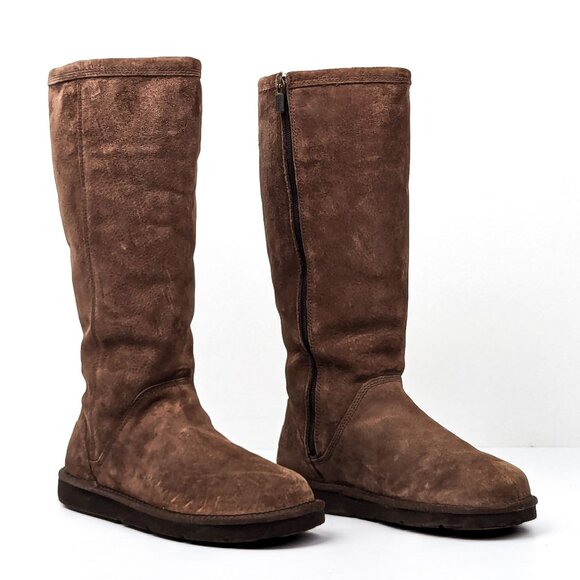 UGG Women Knightsbridge Tan Suede Sheepskin Lined Tall Boots sz